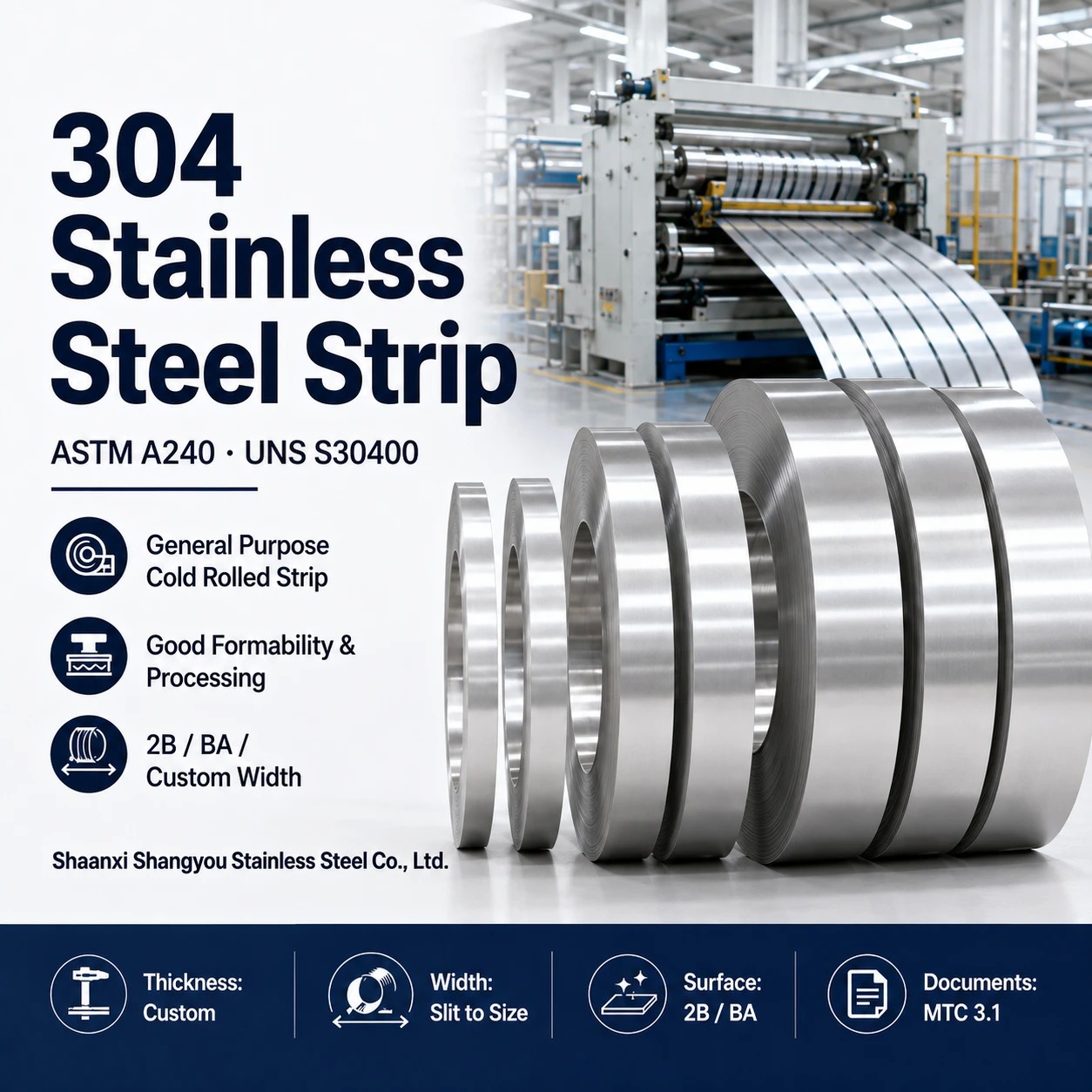 304 Stainless Steel Strip ASTM A240 304 Stainless Steel Strip 2B BA Finish Cut to Width