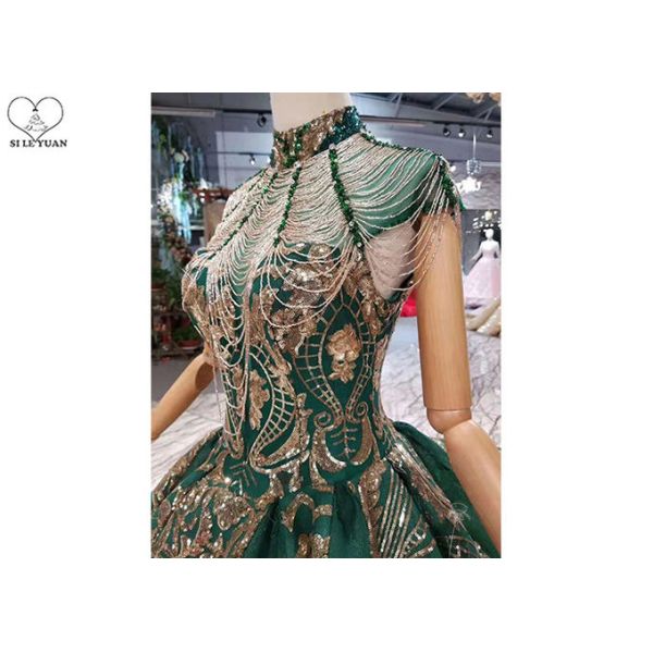 Sequin Green Tailor Made Prom Dresses High Collar Short Sleeve Backless Tassels