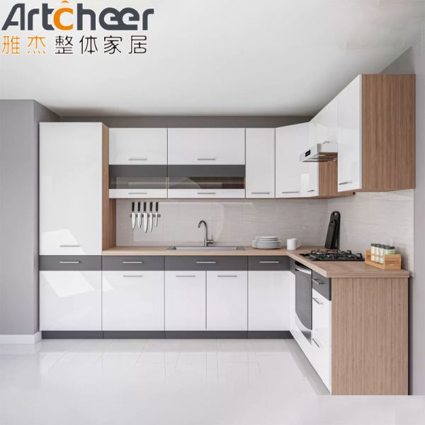 Modern L Shape Kitchen Cabinet with High Gloss Lacquer Finish Plywood Carcass and Steel Mounted Island