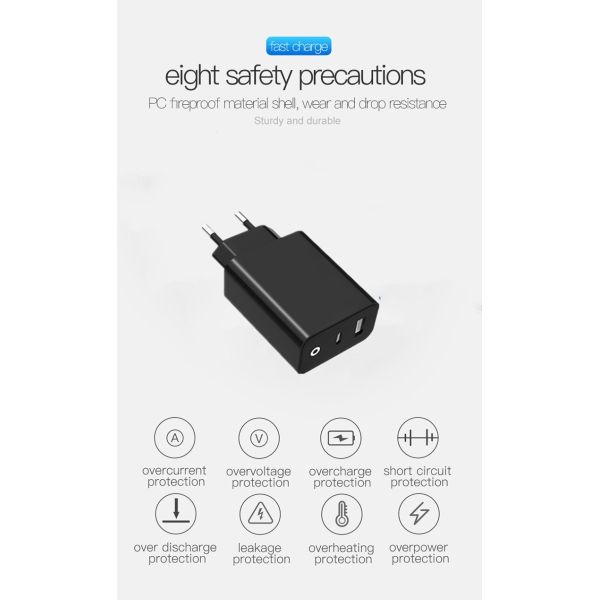 QC 3.0 Type C Fast Wall Charger 30 Watt Dual USB Power Adapter