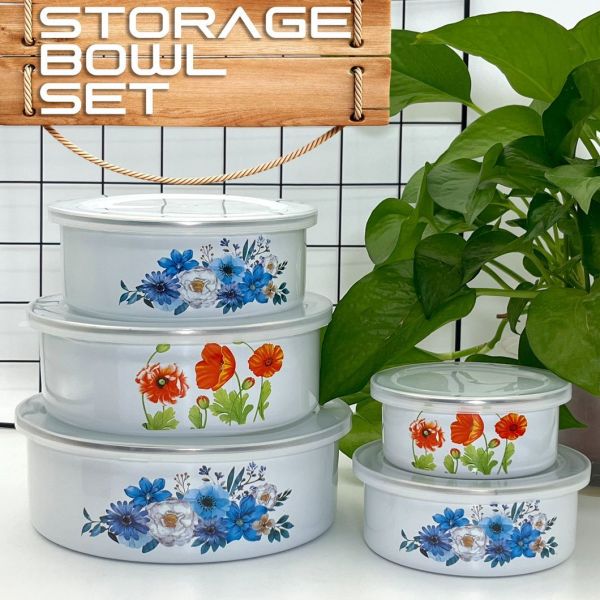 Enamel Carbon Steel Storage Bowl Set Five Pieces Enamelware Bowl Set Classical Style