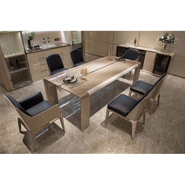 Contemporary Luxury High Gloss Veneer 6 Seater Wooden Dining Table