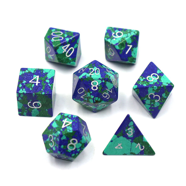 Natural Azurite Malachite Stone Polyhedral Dice Set - Hand Carved DND Dice with Silver Ink Engraved Numbers