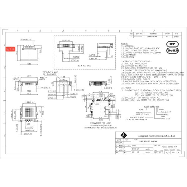 4,6 мм защищали 8P два соединителя Ethernet с потайной головкой разъема Ethernet Pin Half RJ45 с потайной головкой