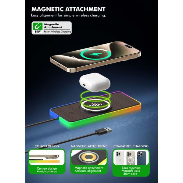 Silicone Car Wireless Charging Pad RGB LED Qi Apple Samsung Earbuds Compatibility