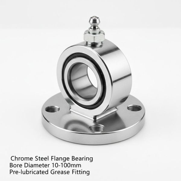 Chrome Steel Flange Bearing Bore Diameter 10mm to 100mm Pre-lubricated and Featuring Grease Fitting for Heavy Machinery