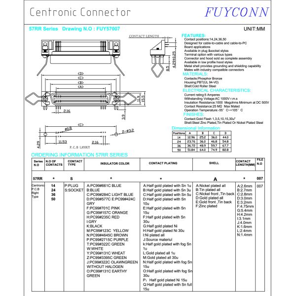 Разъем тесемки PCB Centronic 36 Pin прямоугольный женский для принтера