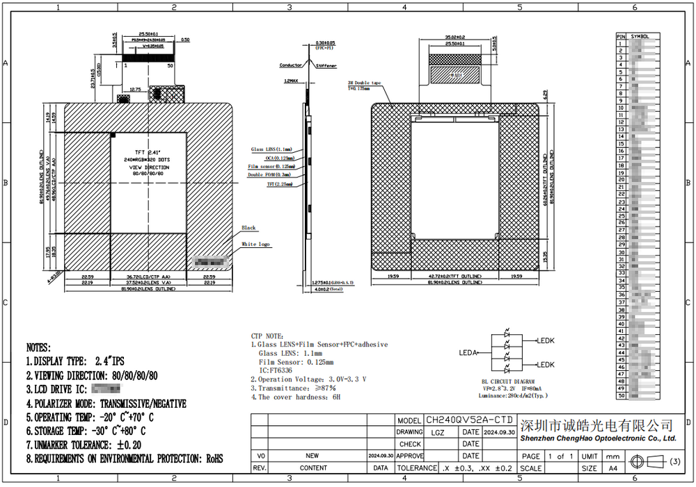 Industrial 240x320 Pixels IPS TFT LCD Display 2.4 Inch With Touch Screen