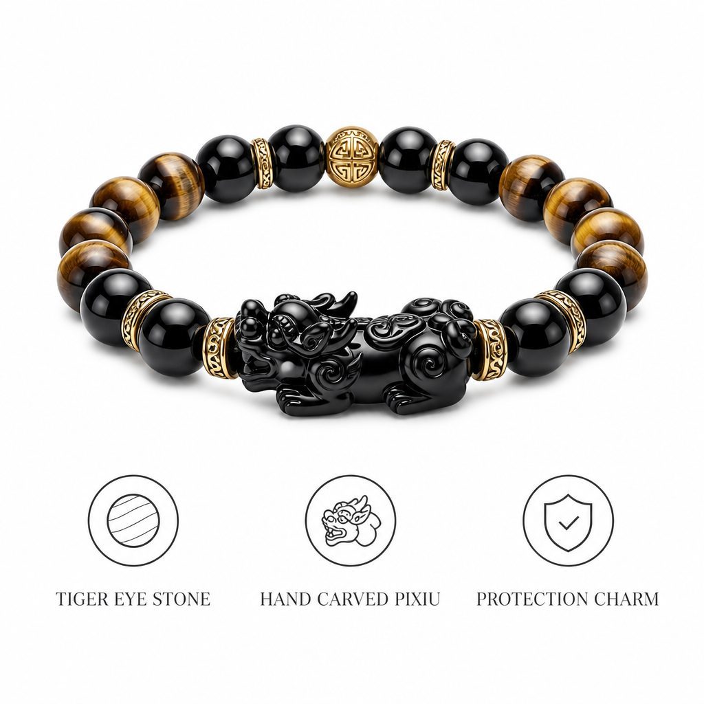 Handmade Pixiu Tiger Eye Taoist Bracelet with Obsidian for Wealth Protection