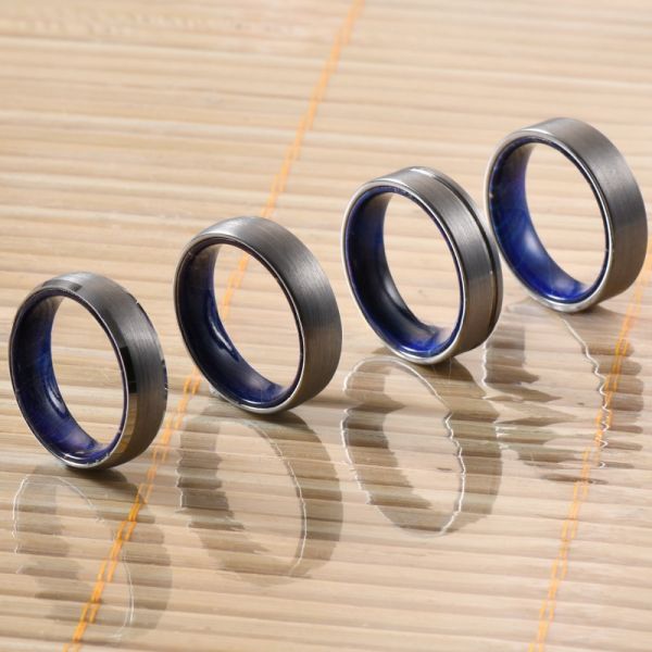 Sample Making 6mm Brushed Silver Tungsten Carbide Rings Inlay Blue Purple Box Elder Wood Flat Dome Beveled Edge Wedding Band