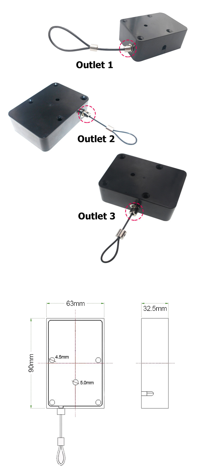 Cubic Shaped Security Recoiler 3 Outlets Anti Theft Cable Retracting Pull Box