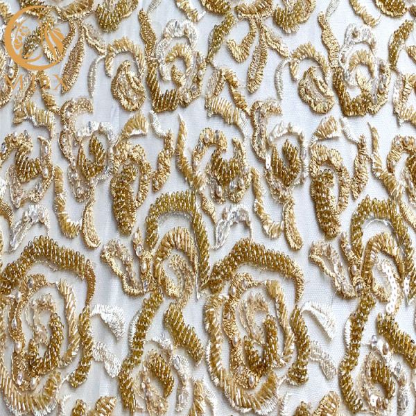 Золото Тюль вышило вышитой бисером тяжелой Handmade ткани шнурка для платьев