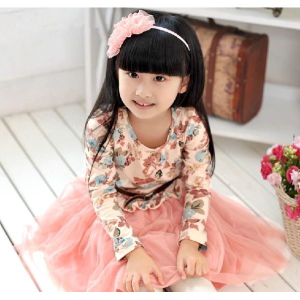 Одежды детей хлопка, длиннее платье детей втулок с печатью и шнурок