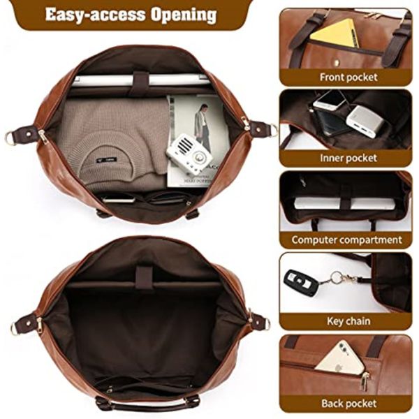 Bolsa de fin de semana de cuero de PU, bolsas de viaje con zapatos y compartimento de portátil