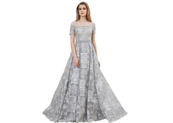 Grey Color Muslim Evening Short Sleeve Ball Gown / Ladies Arabic Party Dress