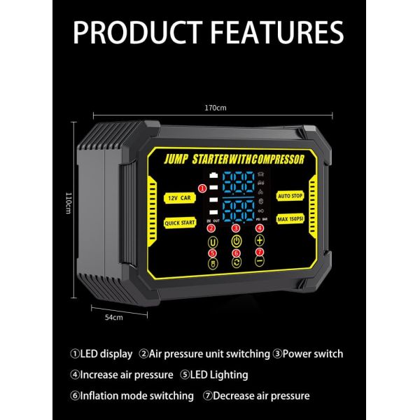3000A Smart Car Emergency Jump Starter With Power Bank Air Compressor