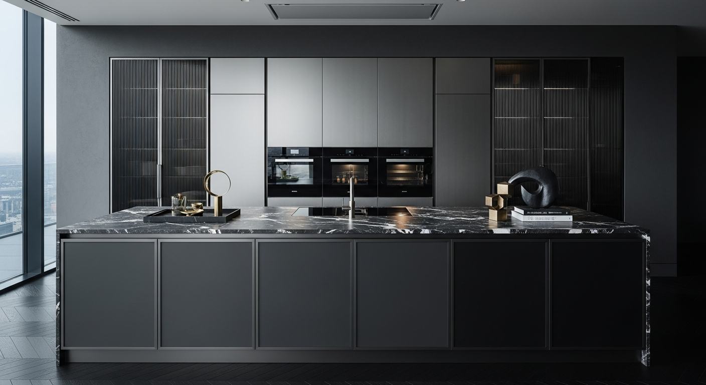 Stainless Steel Kitchen Cabinets Dark Glass Tailored Luxury Island System