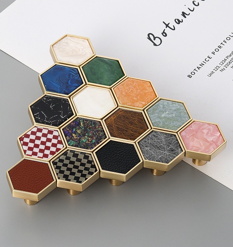 Zinc Alloy Marble Pattern Shell Stone Handle Hexagonal Cabinet Knob Hook Hole for Kitchen Bathroom Hotel Furniture
