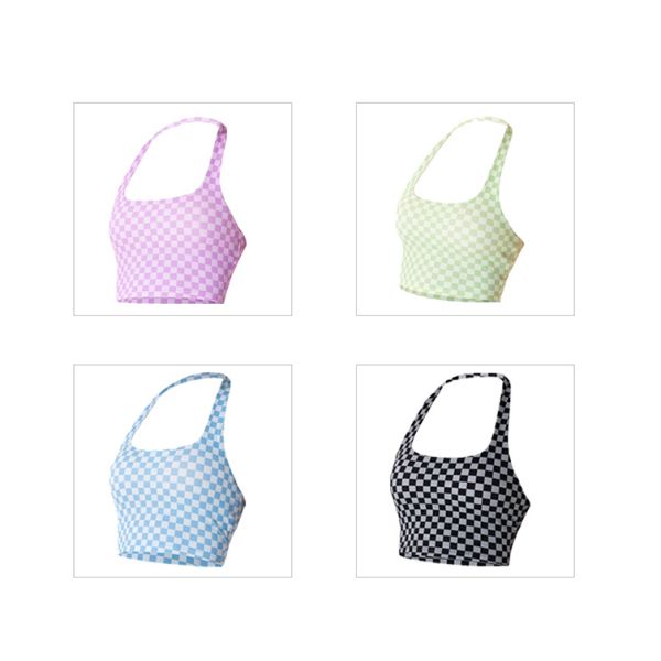 Spring Plaid Hanging Neck Womens Sports Bra Fitness Yoga Vest