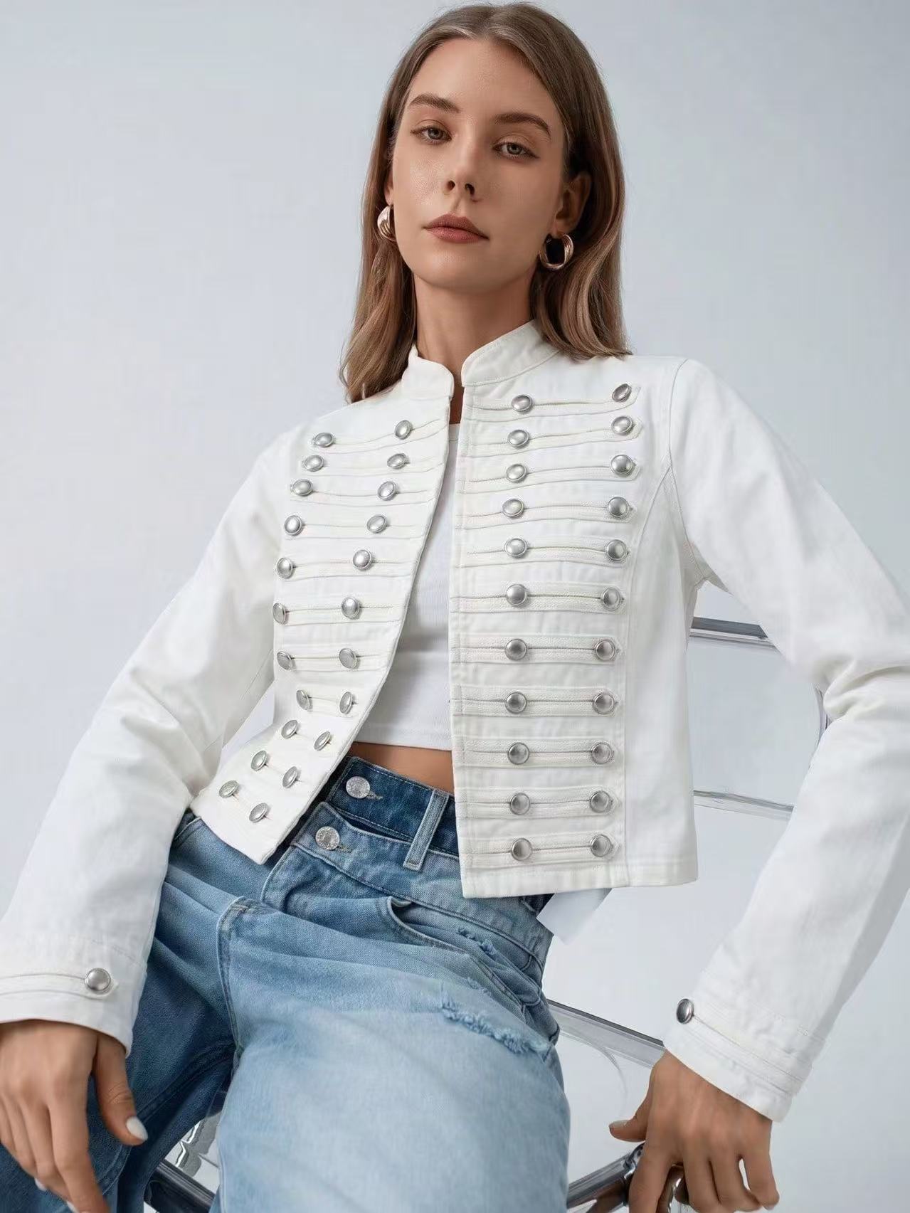 Women's Premium Denim Cropped Jacket with Double-Breasted Metallic Buttons