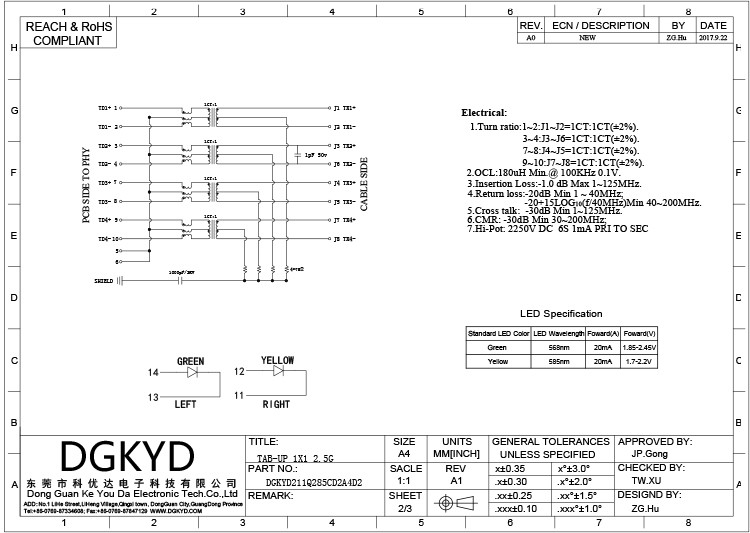 Плата DGKYD211Q285CD2A4D2 2.5G одиночная гаван вверх по сети RJ45 Джек соединителя модульной промышленной