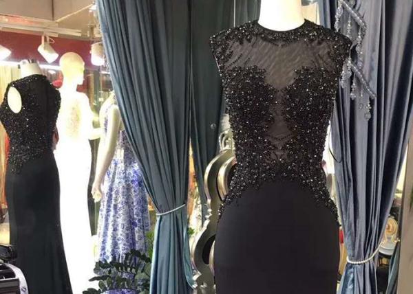 Sleeveless Sexy Black Mermaid Dress Perspective Top Heavy Beading Small Train