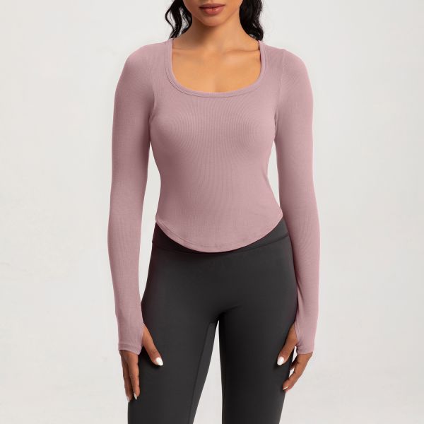 Scoop Neck Cropped Long Sleeve Workout Top for Women, Buttery Soft Stretchy Fabric, Coffee Brown, Ideal for Yoga Running and Daily Wear