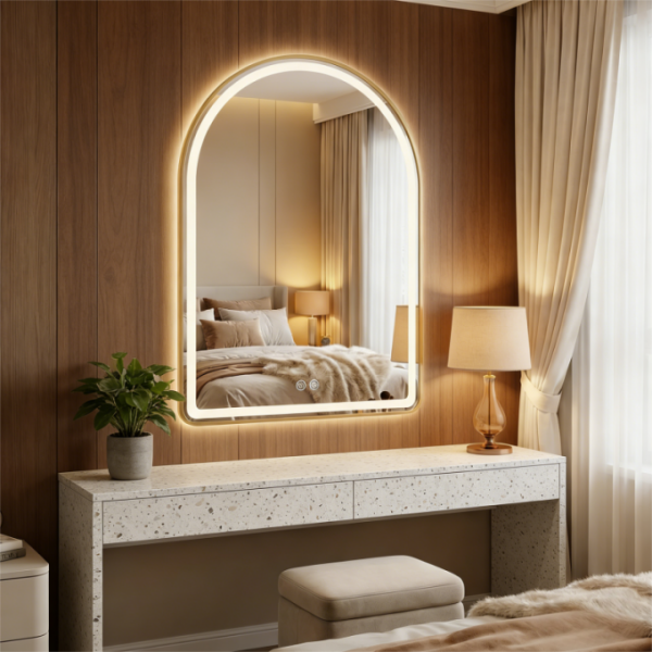 Smart Touch Modern Fogless Anti Fog Framed White Lighted Illuminated Frontlit Led With Lights Arched Bathroom Mirror