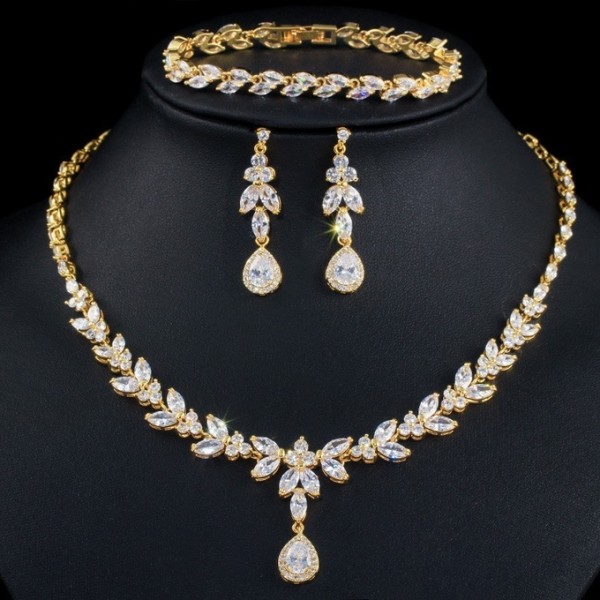 Silver Necklace Jewelry Set Necklace Earrings Jewelry Dainty Bridal Cz Waterdrop Wedding Ring Jewelry Set