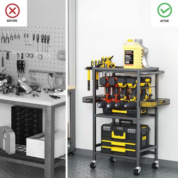 Garage Tool Shelf Drill Holders Power Tool Organizer with Wheels and 8 Drill Holders
