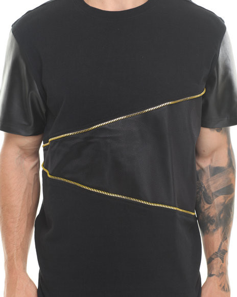 New 2017 men tshirt with zipper and leather contrast plain no brand t-shirt