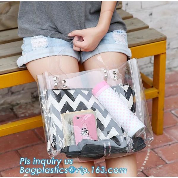 Tote Bags PVC Beach Lash Package Tote Shoulder Bag with Interior Pocket, Waterproof Semi-clear Tote Bags Stripe PVC Shou