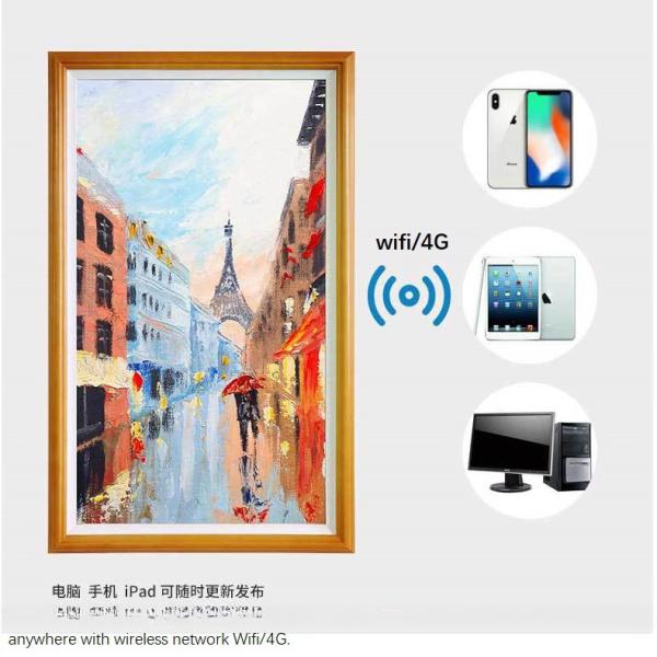 Mural 43  polegada Estrutura de madeira tela NFT 4K para vídeo foto reprodutor de loop multimídia monitor com rede WIFI Android OS