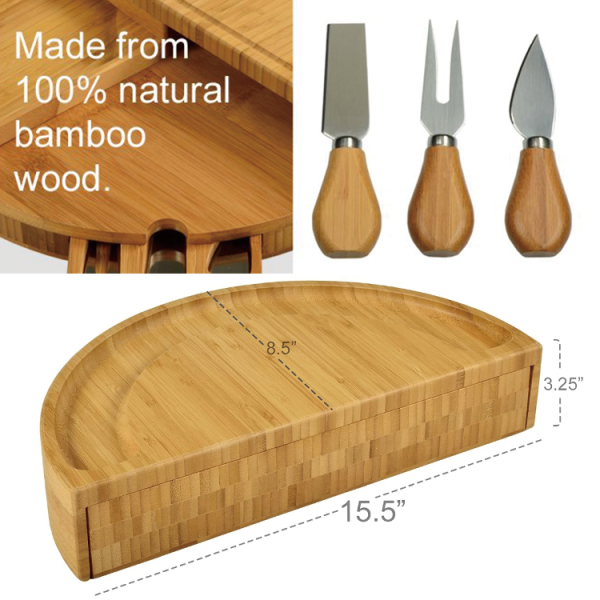 Best Gift Bamboo Tray Multi-function Round Shape Cheese Cutting Board with Knife Set