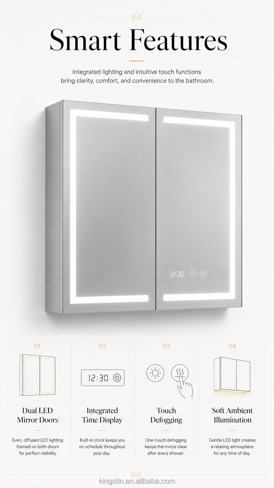 Kingstin Custom LED Bathroom Mirror Cabinet Aluminum Smart Medicine Cabinet with Defogger Clock Touch Light