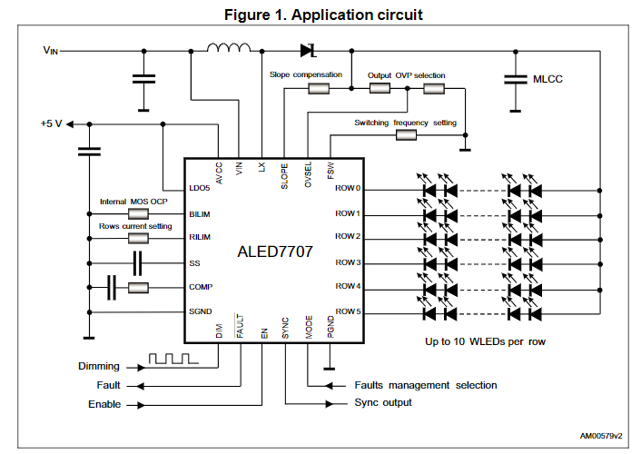 ALED7707TR ST LED Lighting Drivers 6-row 85 mA LEDs driver boost regulator for LCD panel backlights