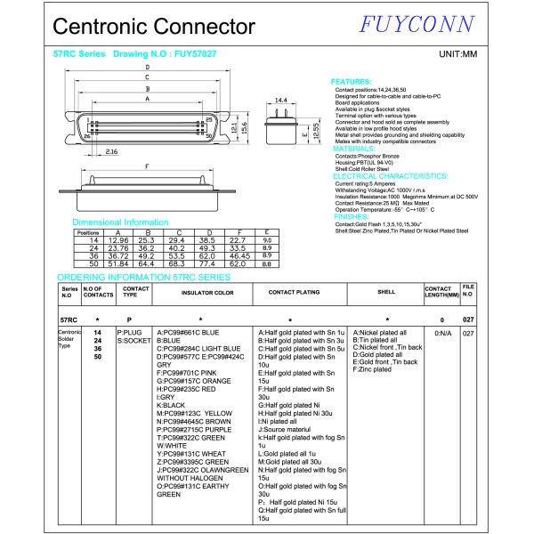 50 раковина MD соединителя Centronic припоя оси Pin 2.16mm мужская аттестовала UL