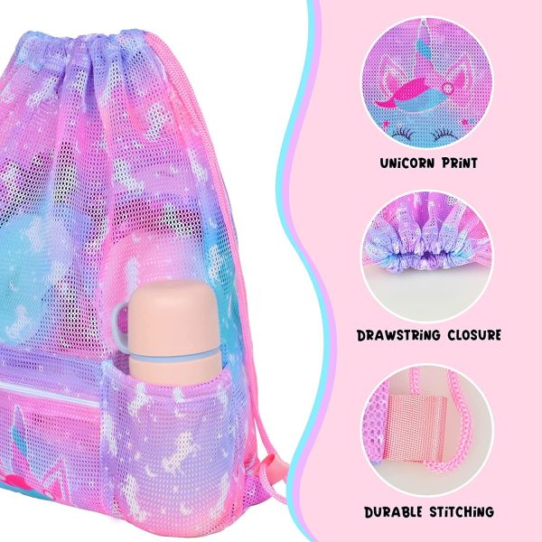 Mesh Drawstring Backpack Bag with Zipper Pocket Beach Bag for Swimming Gear Backpack Gym Storage Bag for Kids