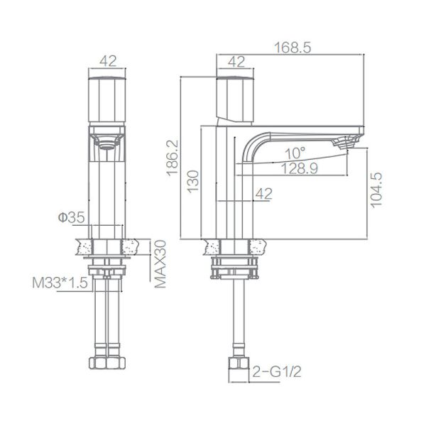 Restaurant Mall F1A9039C Small Brass Basin Taps 168.5mm Hot Cold Water