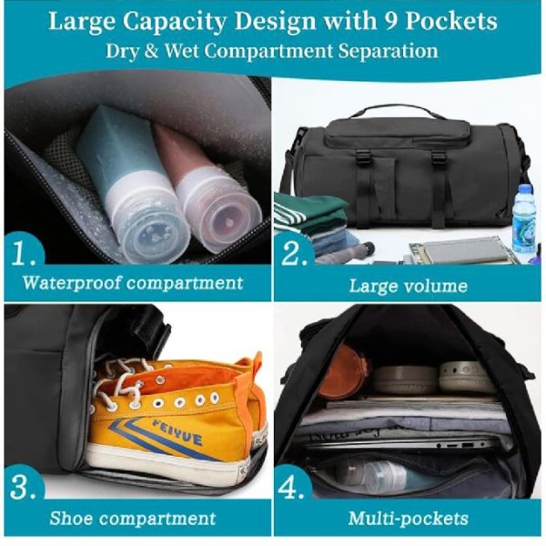 Unisex Waterproof Travel 4 In 1 Sports Gym Bag With Wet Pocket Shoes Compartment
