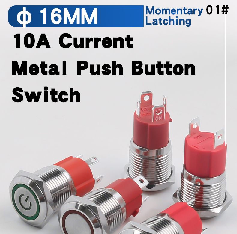 10A 16MM Stainless Steel Push Button Switch with LED Power Indicator Latching Momentary 1NO 4pin Flat/High Head IP65 for 220V