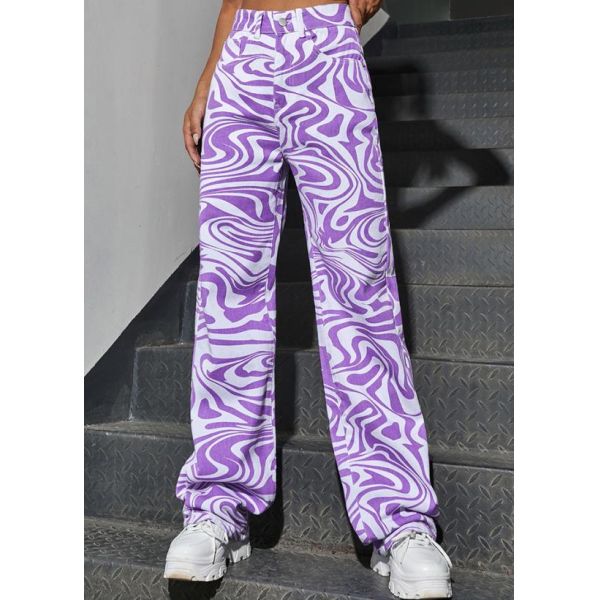 Нога Waisted женщин фабрики одежды небольшого количества высокая широкая печатает случайные мешковатые брюки джинсовой ткани джинсов