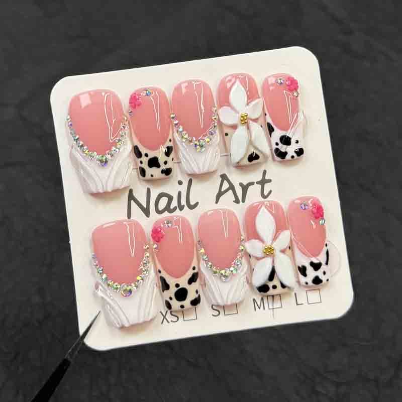 Reusable Art Handmade Press On Nails Almond Cat Eye Silver 3D Flower Design
