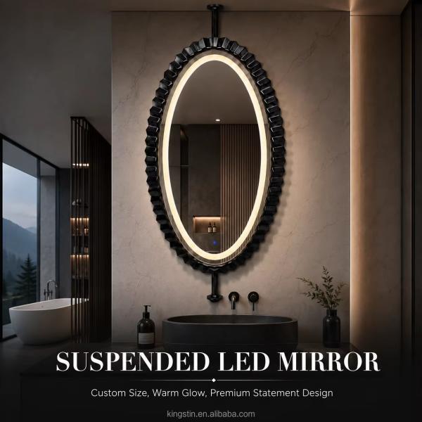 Kingstin Luxury Floating Suspended LED Mirror with Custom Size Black Stainless Steel Frame for Modern Bathrooms Hotel and Villas
