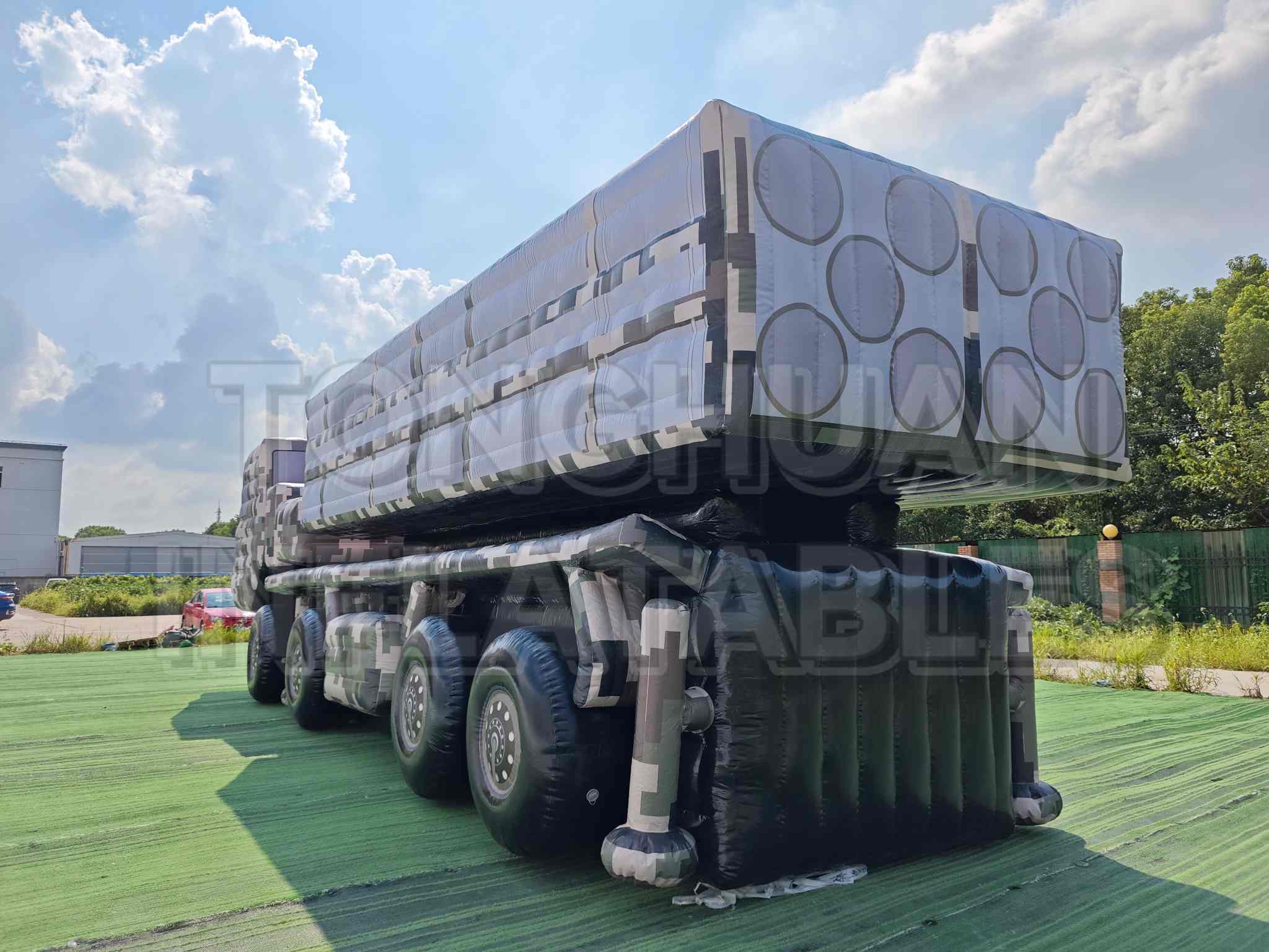 Custom Inflatable Launcher Vehicle Replica with Horizontal Canister Modules and Camouflage Truck Body for Training Display Exhibition and Outdoor Simulation Projects