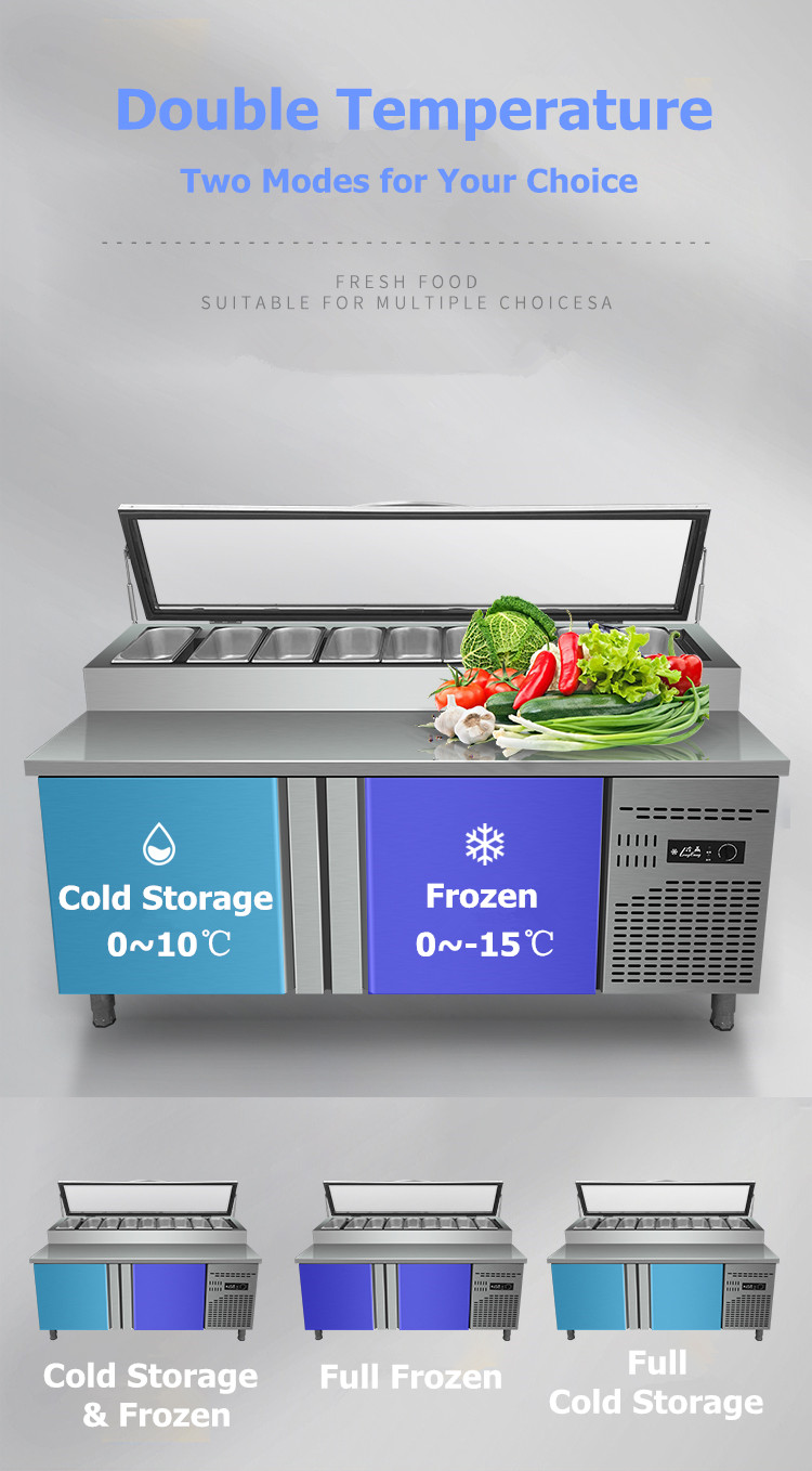 Commercial Stainless Steel Double Temperature Pizza Preparation Table with Adjustable Shelves