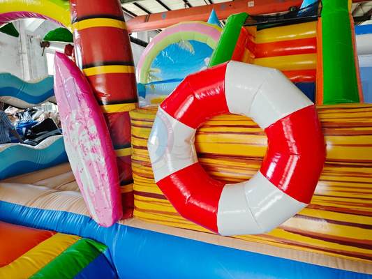 Tropical Beach Inflatable Bounce House and Slide Combo with Climbing Steps for Kids