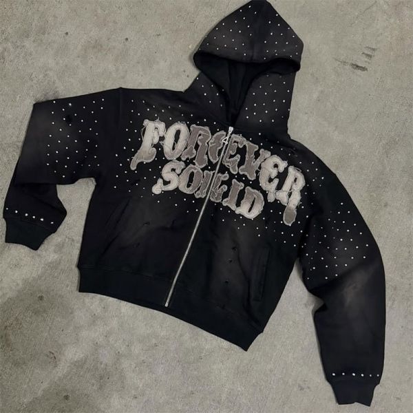 Embroidery Patch Logo Streetwear Hombres Hoodies Rhinestone Sweatshirt con capucha