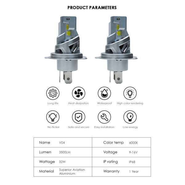 V04 64W 7000LM 6000K H4 4060 Chips Bombilla LED para faro delantero de aluminio de aviación superior