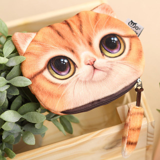 Customized Color Plush Make-up Bag with 3D Cat Coin Purse and Animal Print Tail Zipper